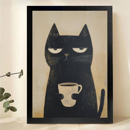 The Coffee-Loving Black Cat – Minimalist Feline Wall Art on Natural Wood Canvas