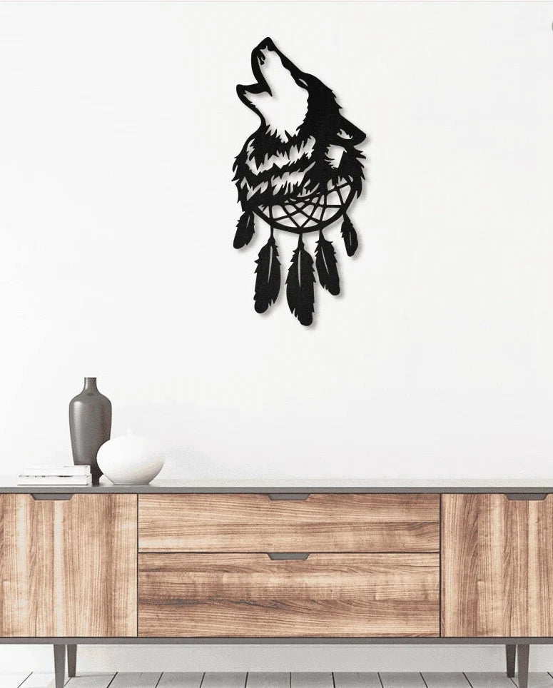 Native Wolf Dream Catcher Feathers Metal House Sign - 10 inches - metal sign
