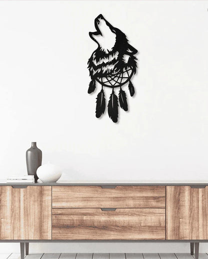 Native Wolf Dream Catcher Feathers Metal House Sign - 10 inches - metal sign