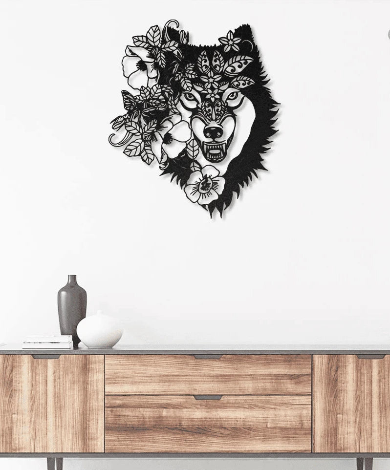 Howling Wolf Floral Metal House Sign - 10 inches - metal sign