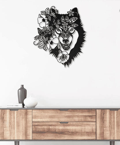 Howling Wolf Floral Metal House Sign - 10 inches - metal sign