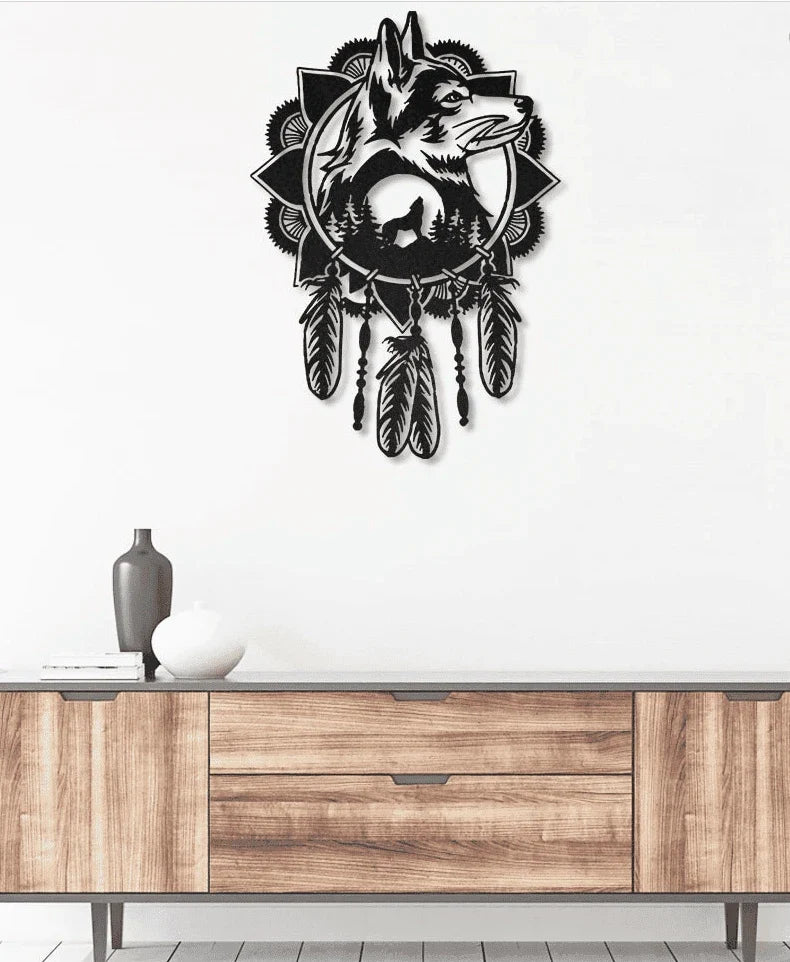 Native Wolf Dream Catcher Metal House Sign - 10 inches - metal sign