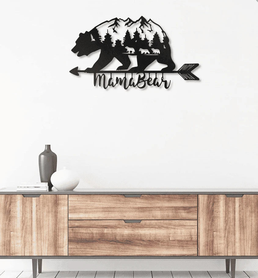 Mama Bear With 3 kids Metal House Sign - 10 inches - metal sign
