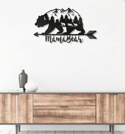 Mama Bear With 3 kids Metal House Sign - 10 inches - metal sign