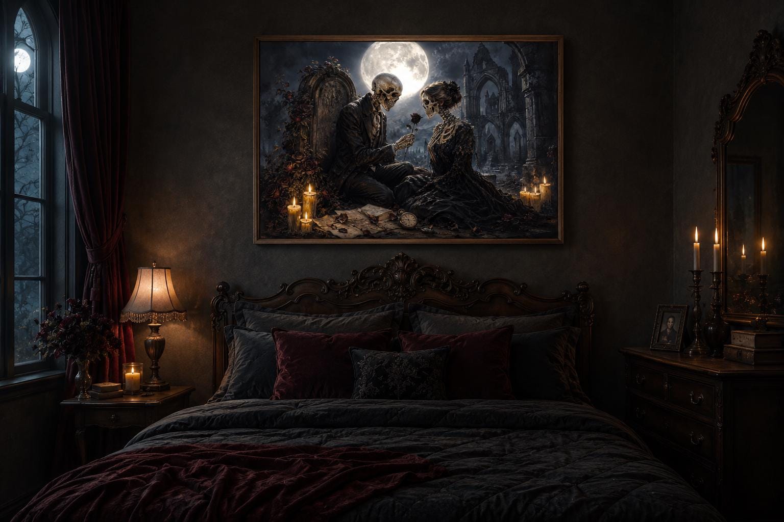 Gothic Skeleton Couple Art - Romantic Gothic Canvas for Dark Academia Wall
