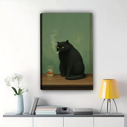 The Suave Smoking Black Cat – Retro Chic Feline Wall Art on Natural Wood Canvas