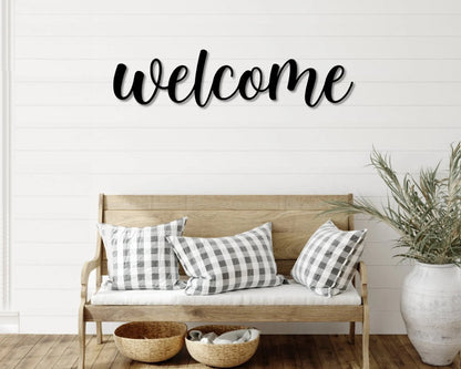 Welcome Metal Word Art Cursive Script Word Sign Rustic Metal Welcome Sign Farmhouse Decor Housewarming Word Art - 12 inches - metal sign