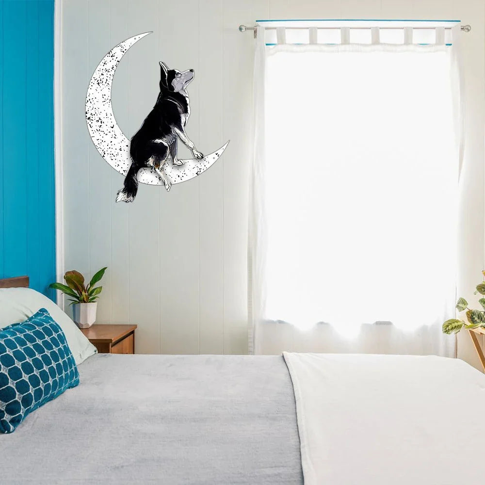 Dog Metal Sign Black Siberian Husky Sit On The Moon Gift for Dog Lover - 12 inches - metal sign