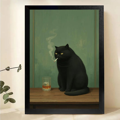 The Suave Smoking Black Cat – Retro Chic Feline Wall Art on Natural Wood Canvas