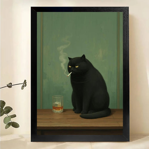 The Suave Smoking Black Cat – Retro Chic Feline Wall Art on Natural Wood Canvas