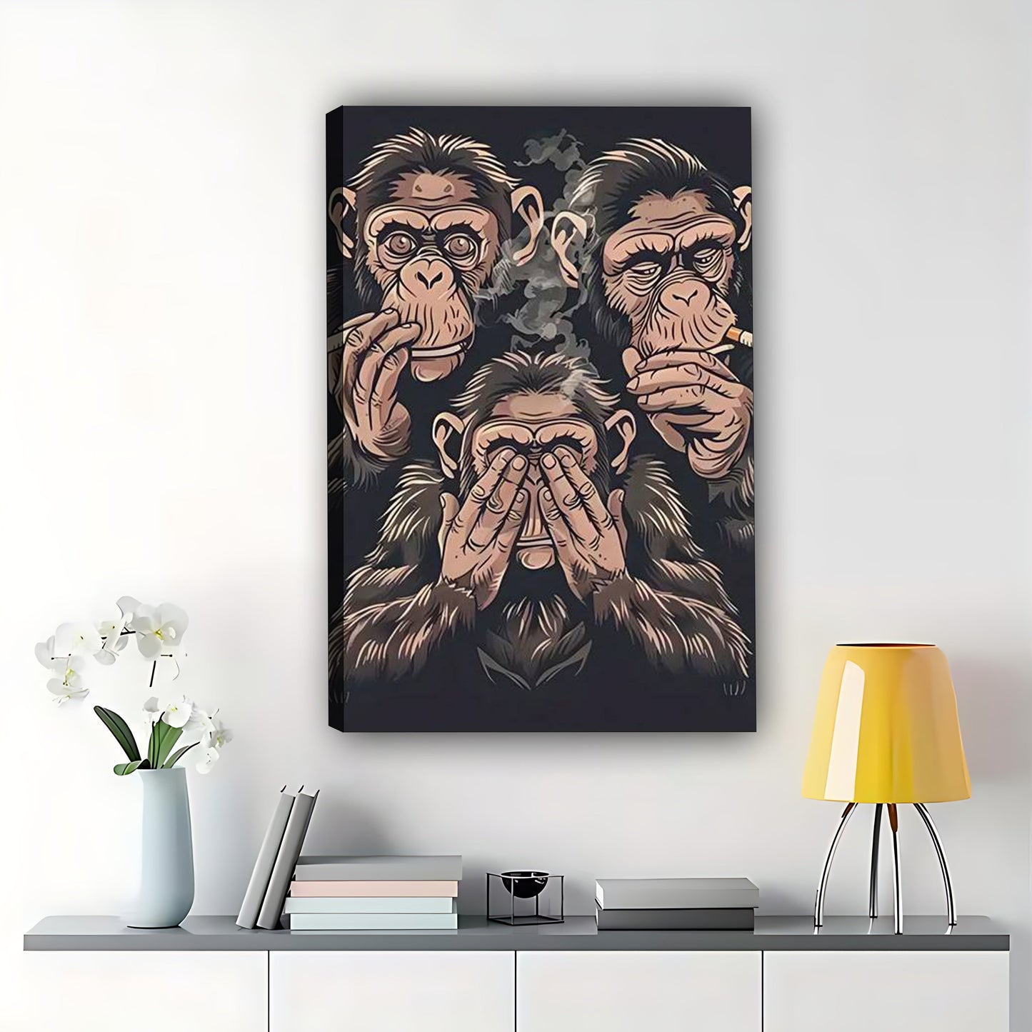 The Thought-Provoking Ape Trio – Dark Art Wall Decor on Natural Wood Canvas