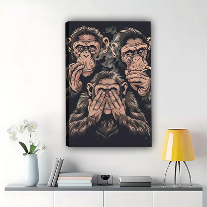 The Thought-Provoking Ape Trio – Dark Art Wall Decor on Natural Wood Canvas