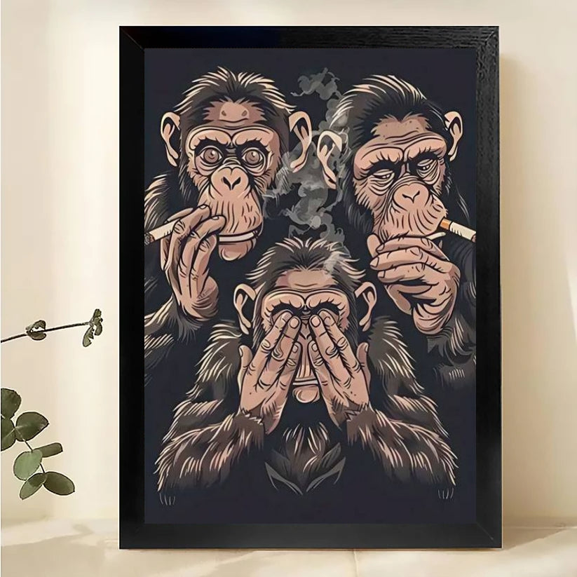 The Thought-Provoking Ape Trio – Dark Art Wall Decor on Natural Wood Canvas