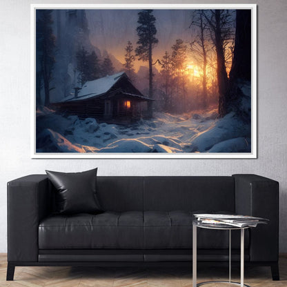 Warm Cabin Covered in Snow Canvas Wall Art