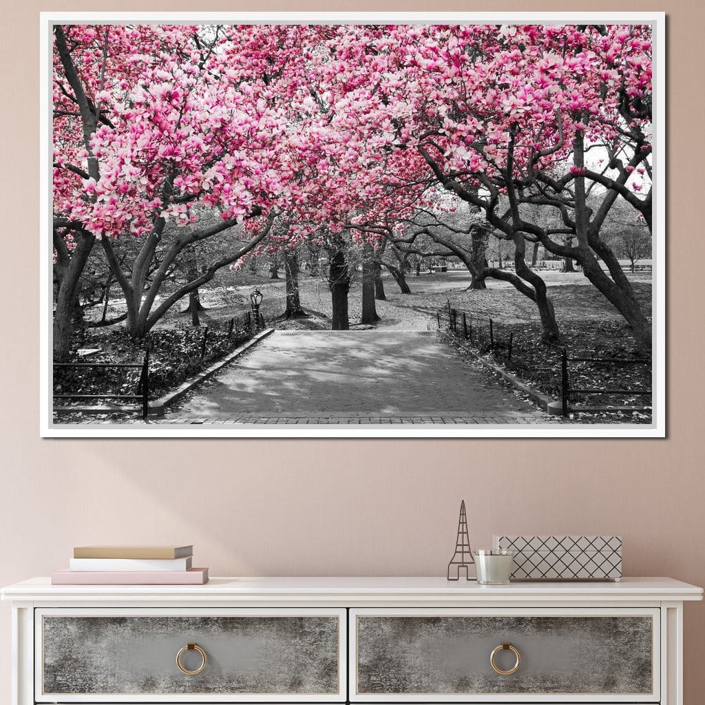 Pink Blossoms in Black and White Canvas Wall Art