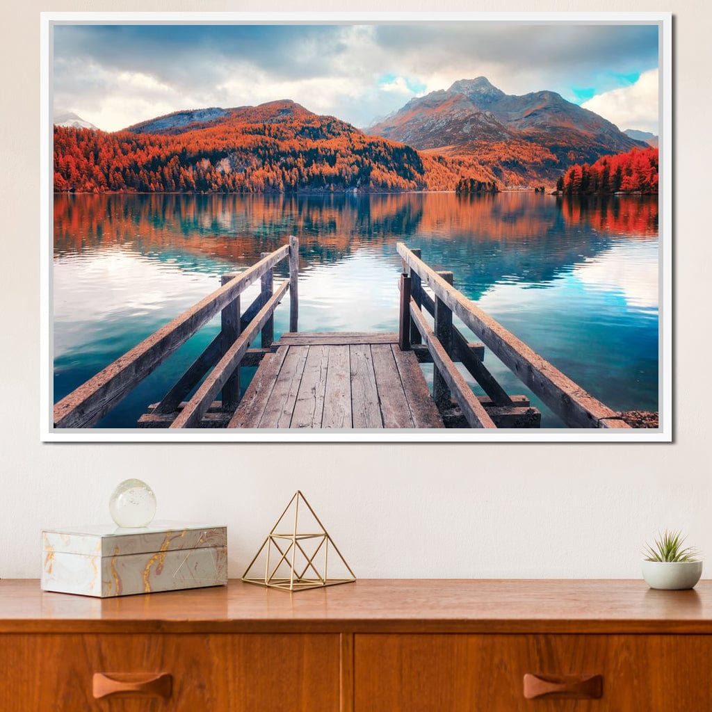 Wooden Pier on Autumn lake Sils Canvas Wall Art