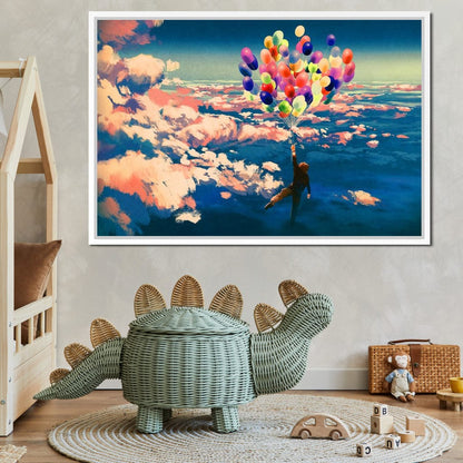 Flying with Colorful Balloons Canvas Wall Art