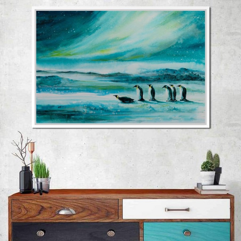 Penguins Under the Aurora Borealis Canvas Wall Art