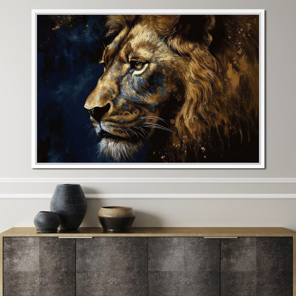 Golden Lion on Blue Background Canvas Wall Art