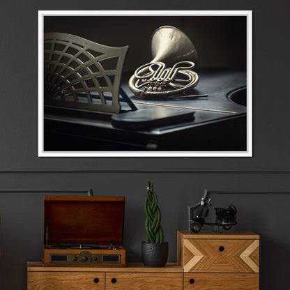 French Horn on the Grand Piano Canvas Wall Art