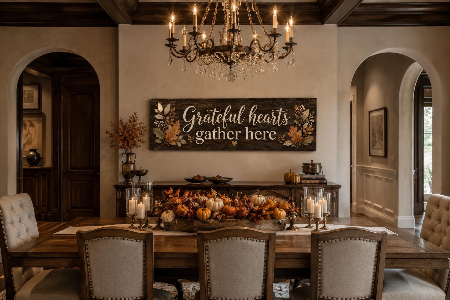 Grateful Hearts Gather Here Thanksgiving Fall Farmhouse Sign For Dining Room Canvas Wall Art