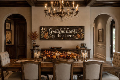 Grateful Hearts Gather Here Thanksgiving Fall Farmhouse Sign For Dining Room Canvas Wall Art