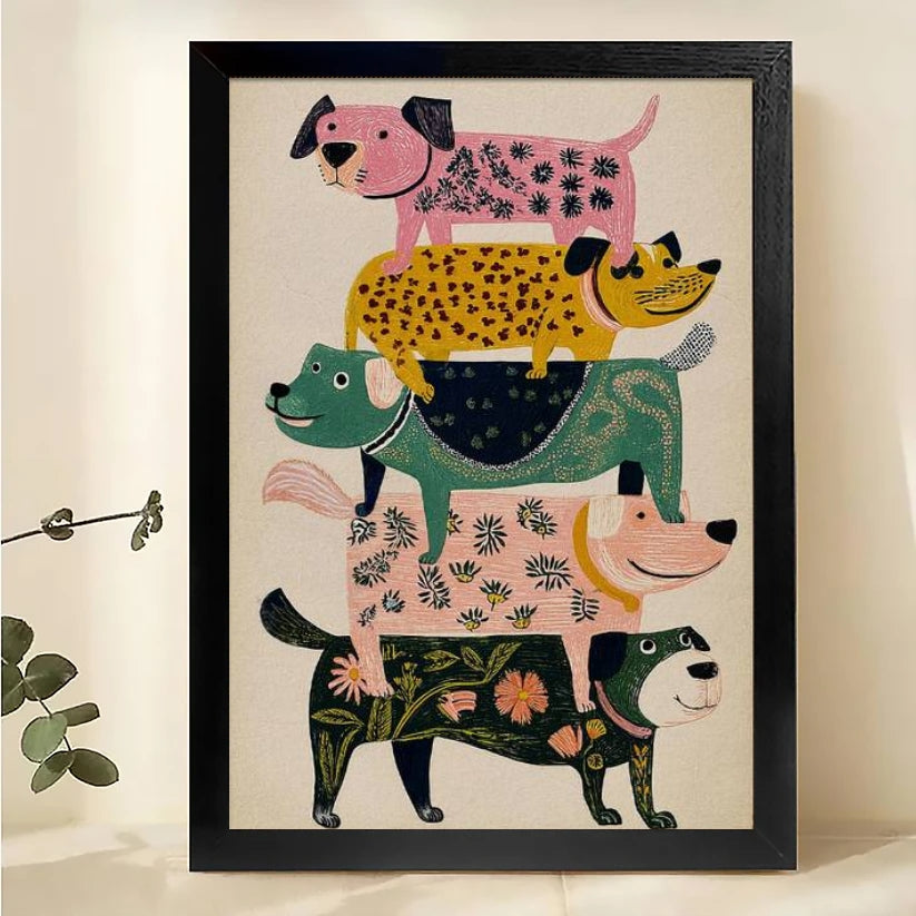 The Playful Stacked Dog Crew – Colorful Cartoon Pet Wall Art on Natural Wood Canvas