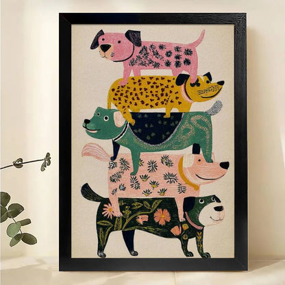 The Playful Stacked Dog Crew – Colorful Cartoon Pet Wall Art on Natural Wood Canvas