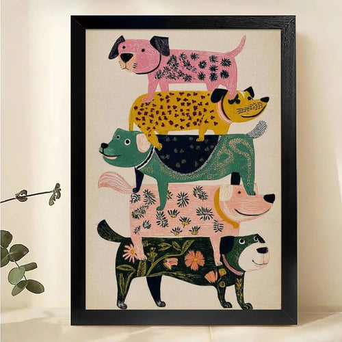 The Playful Stacked Dog Crew – Colorful Cartoon Pet Wall Art on Natural Wood Canvas