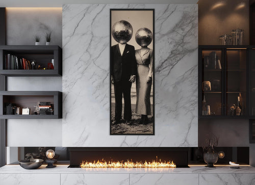 Vintage Disco Ball Canvas – Black and White Surreal Wall Art | Framed Ready to Hang