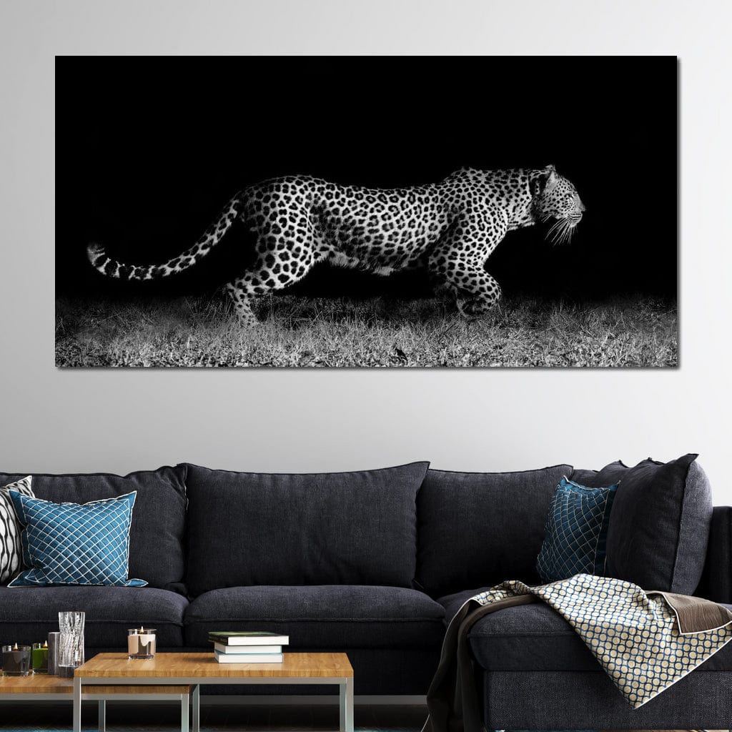 Black and White Jaguar Running Canvas Wall Art
