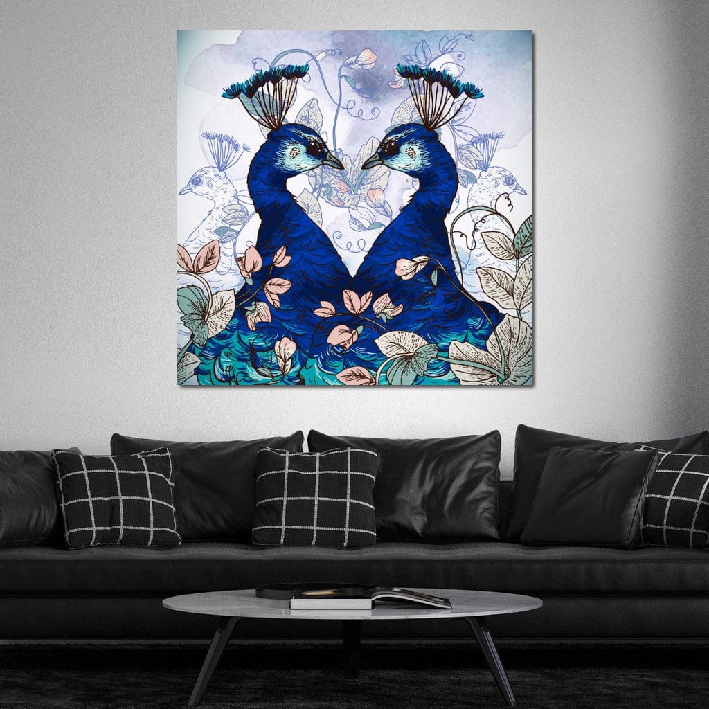 Blue Floral Peacocks Canvas Wall Art