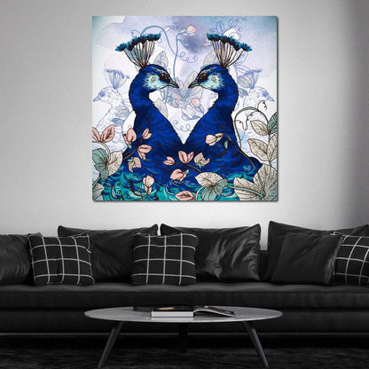 Blue Floral Peacocks Canvas Wall Art