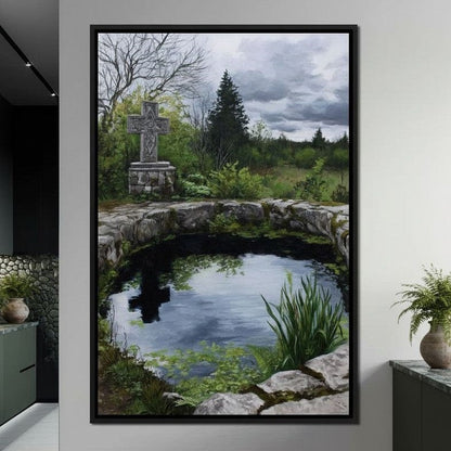 Celtic Cross Garden Pond Sky Canvas Wall Art