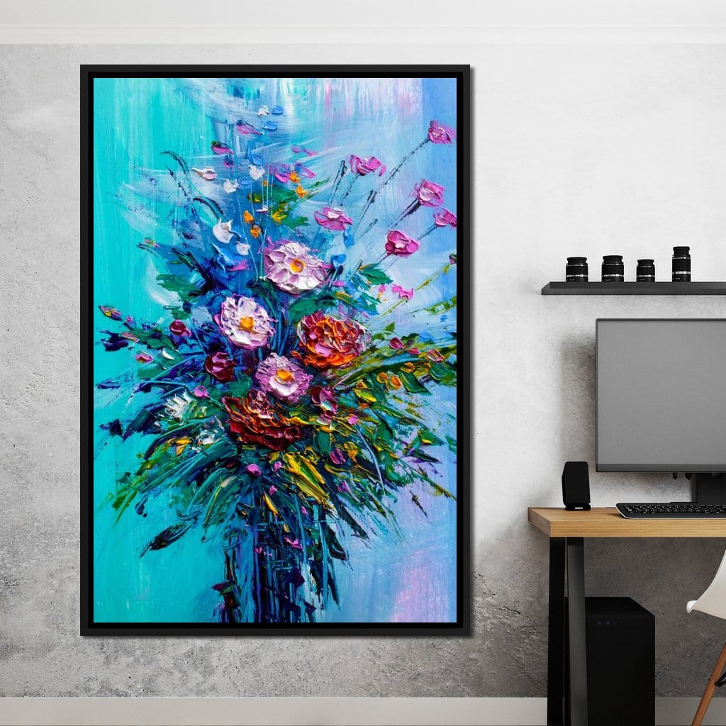 Bouquet of Flowers on Blue Background Canvas Wall Art