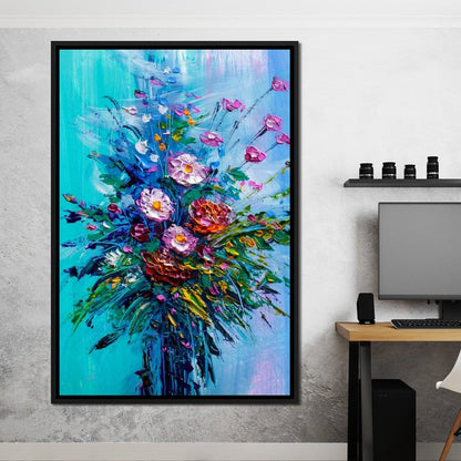 Bouquet of Flowers on Blue Background Canvas Wall Art