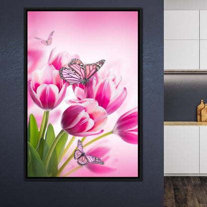 Bouquet of Pink Tulips & Butterflies Canvas Wall Art