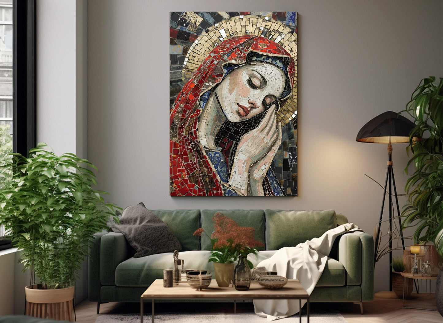 Virgin Mary Canvas Print – Framed Mosaic Wall Art | Ready to Hang Religious Decor