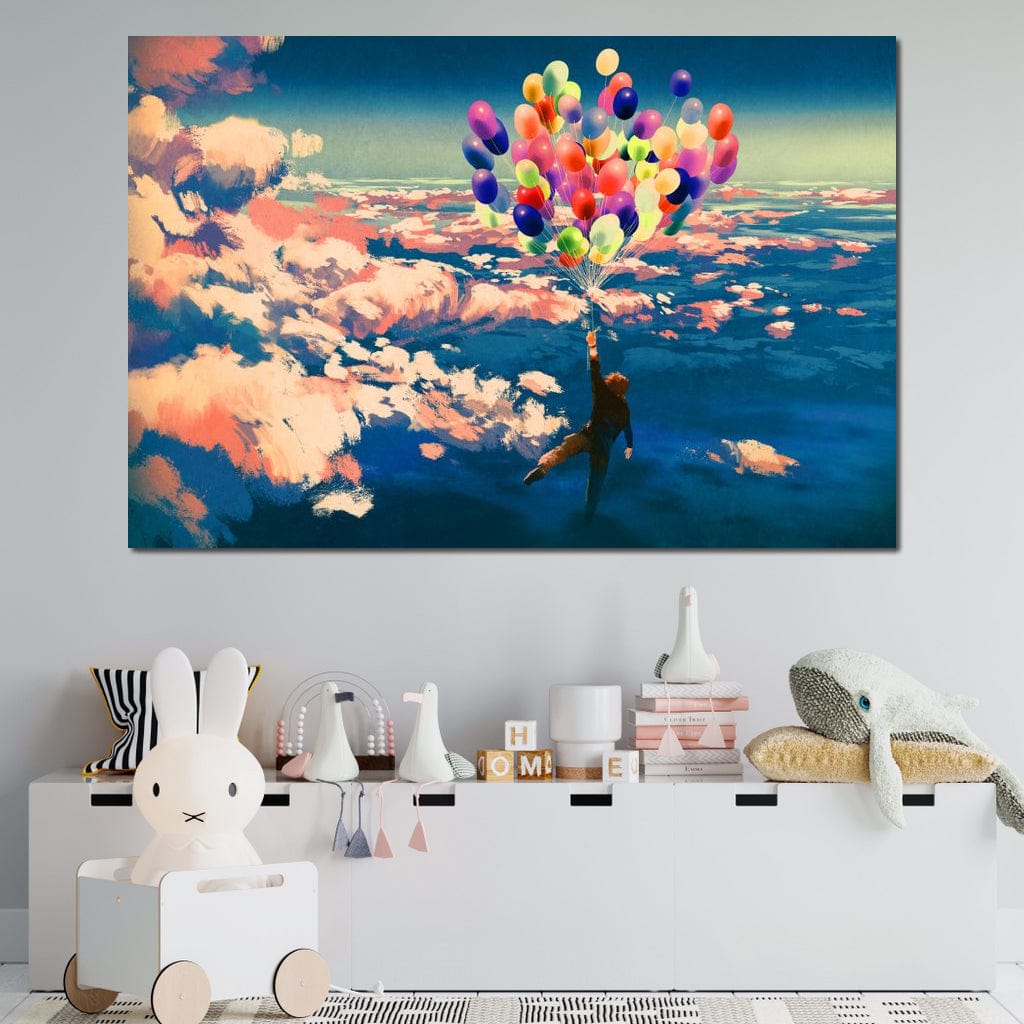Flying with Colorful Balloons Canvas Wall Art