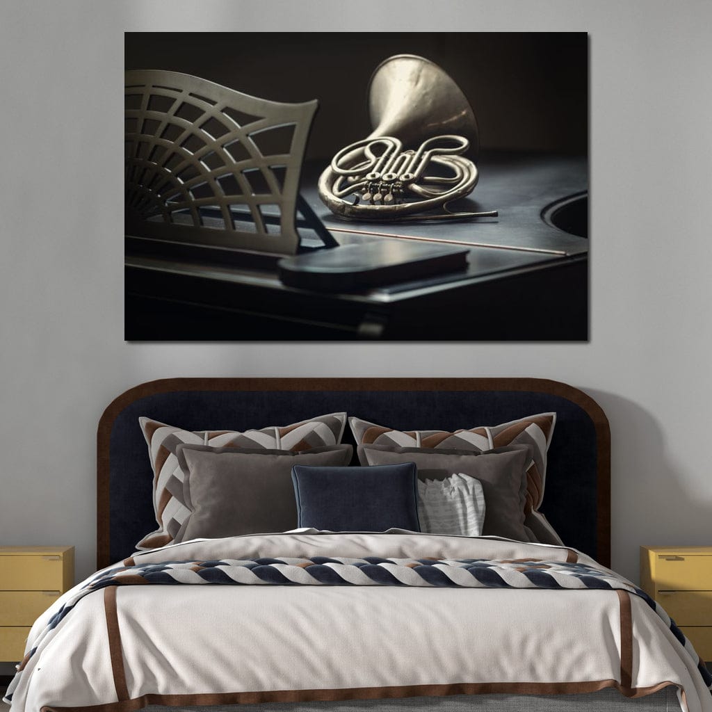 French Horn on the Grand Piano Canvas Wall Art