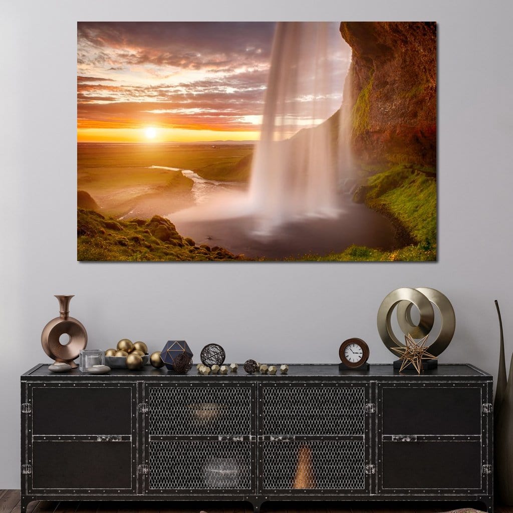 Sunset over Seljalandsfoss Waterfall Canvas Wall Art