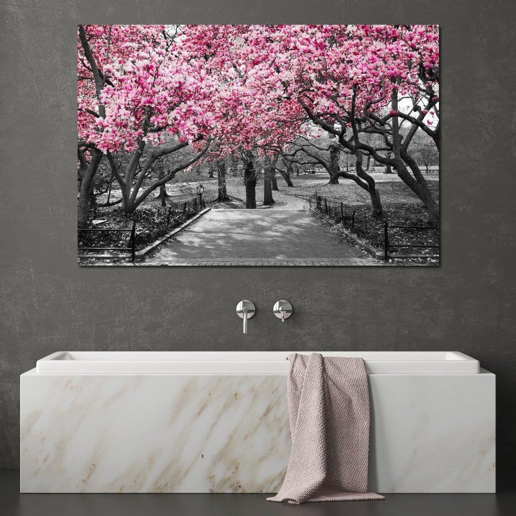 Pink Blossoms in Black and White Canvas Wall Art