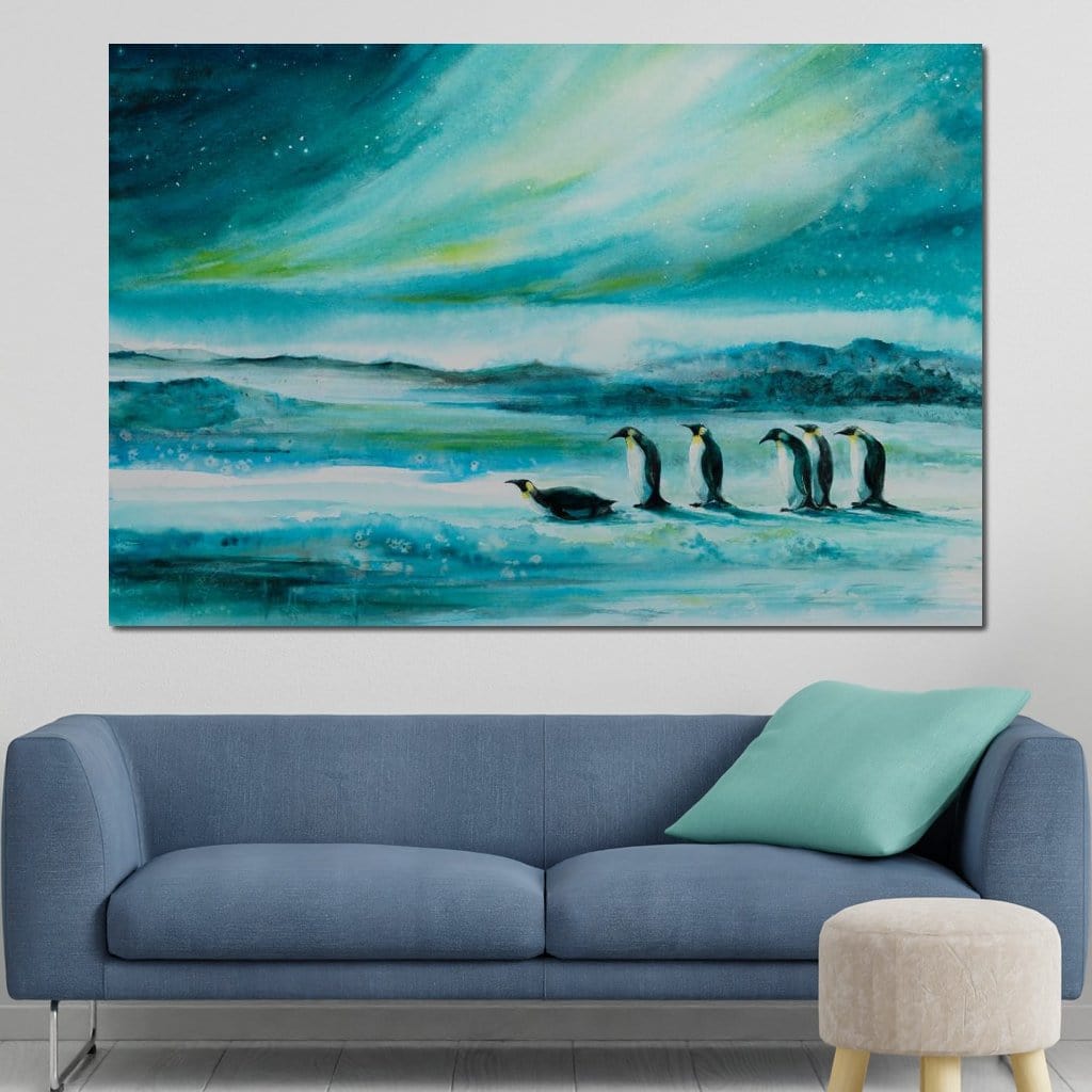 Penguins Under the Aurora Borealis Canvas Wall Art