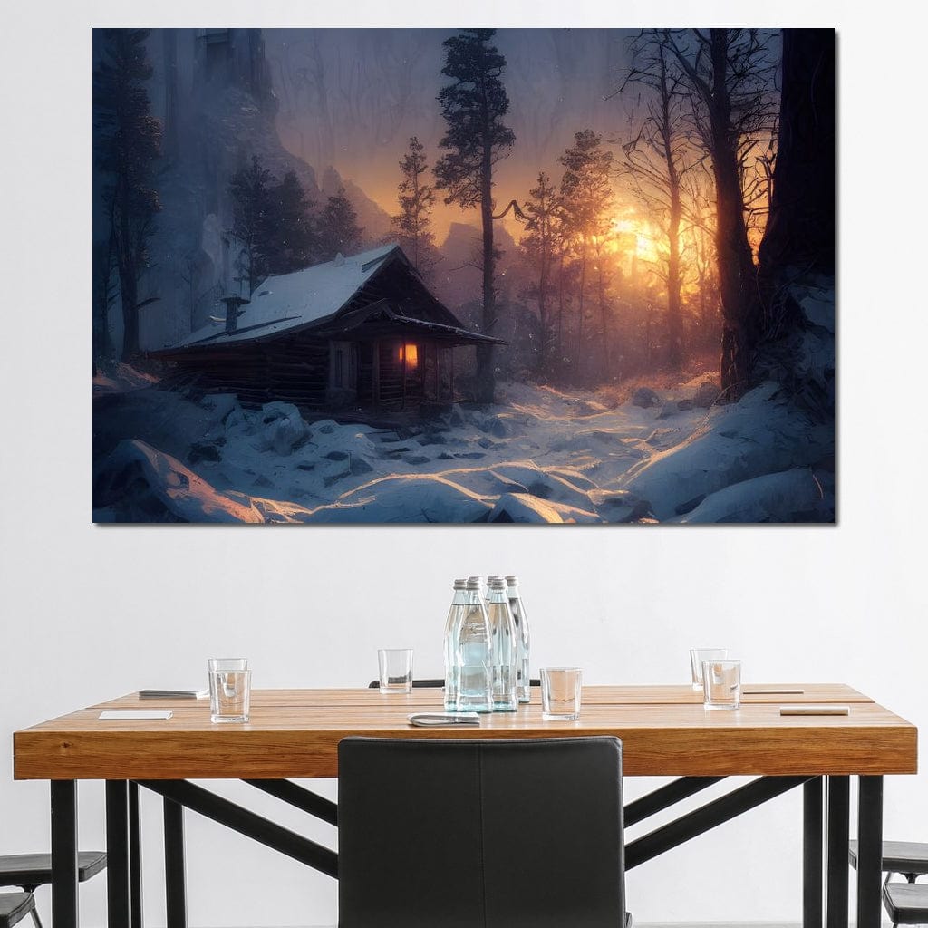 Warm Cabin Covered in Snow Canvas Wall Art
