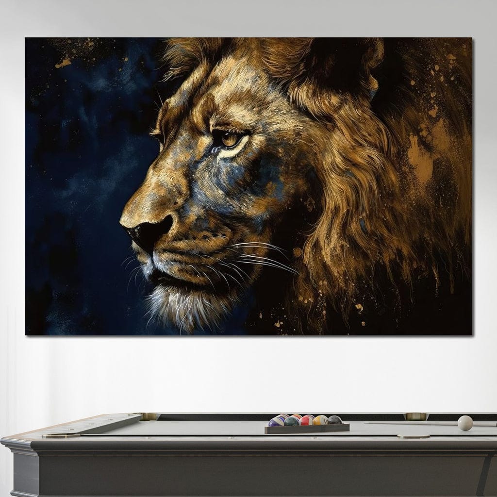 Golden Lion on Blue Background Canvas Wall Art