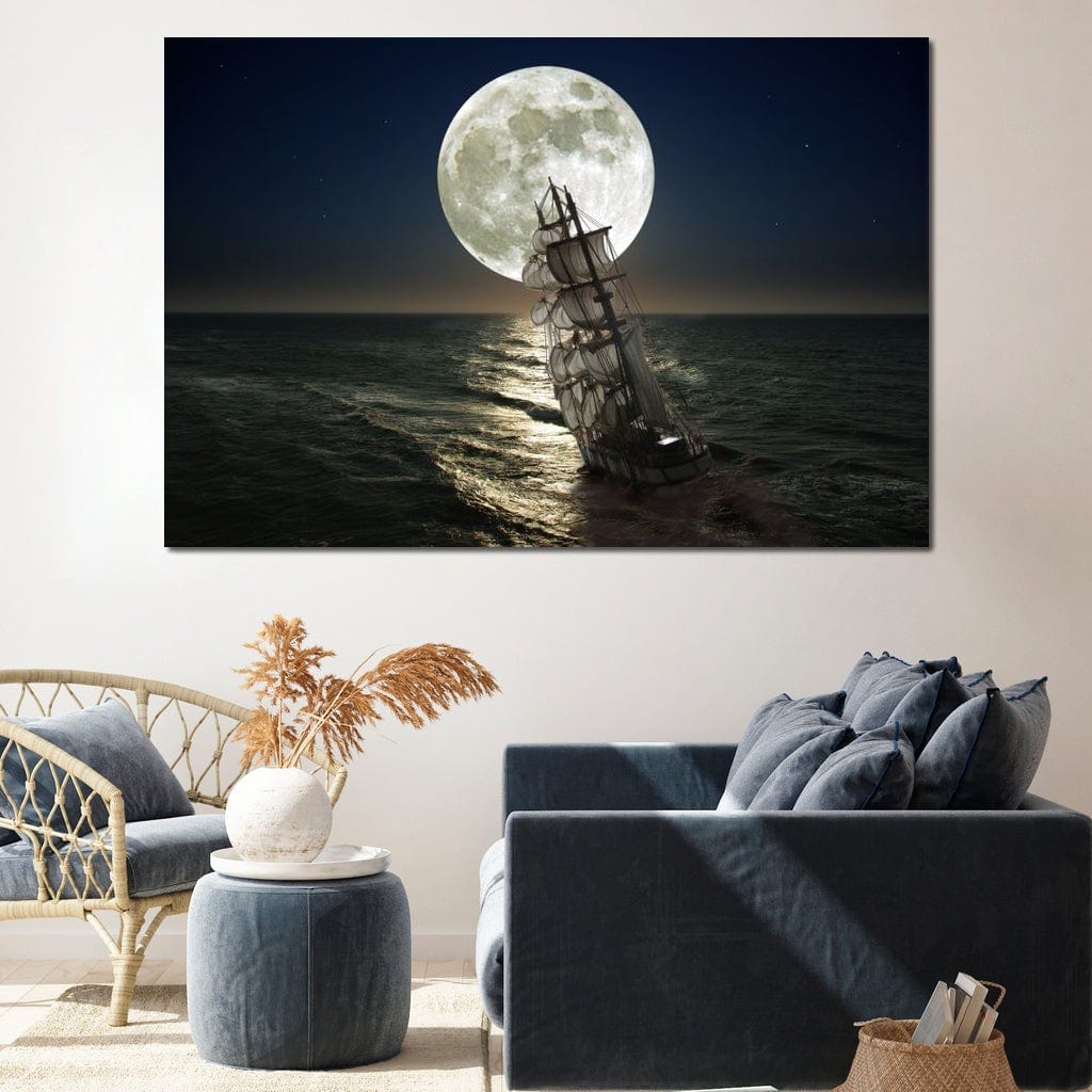 Sailing Under the Giant Moon Canvas Wall Art