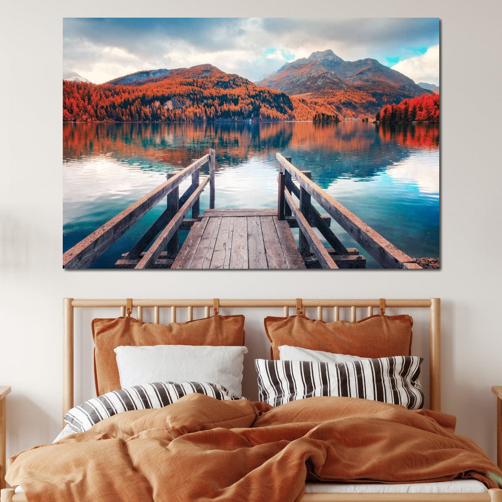 Wooden Pier on Autumn lake Sils Canvas Wall Art