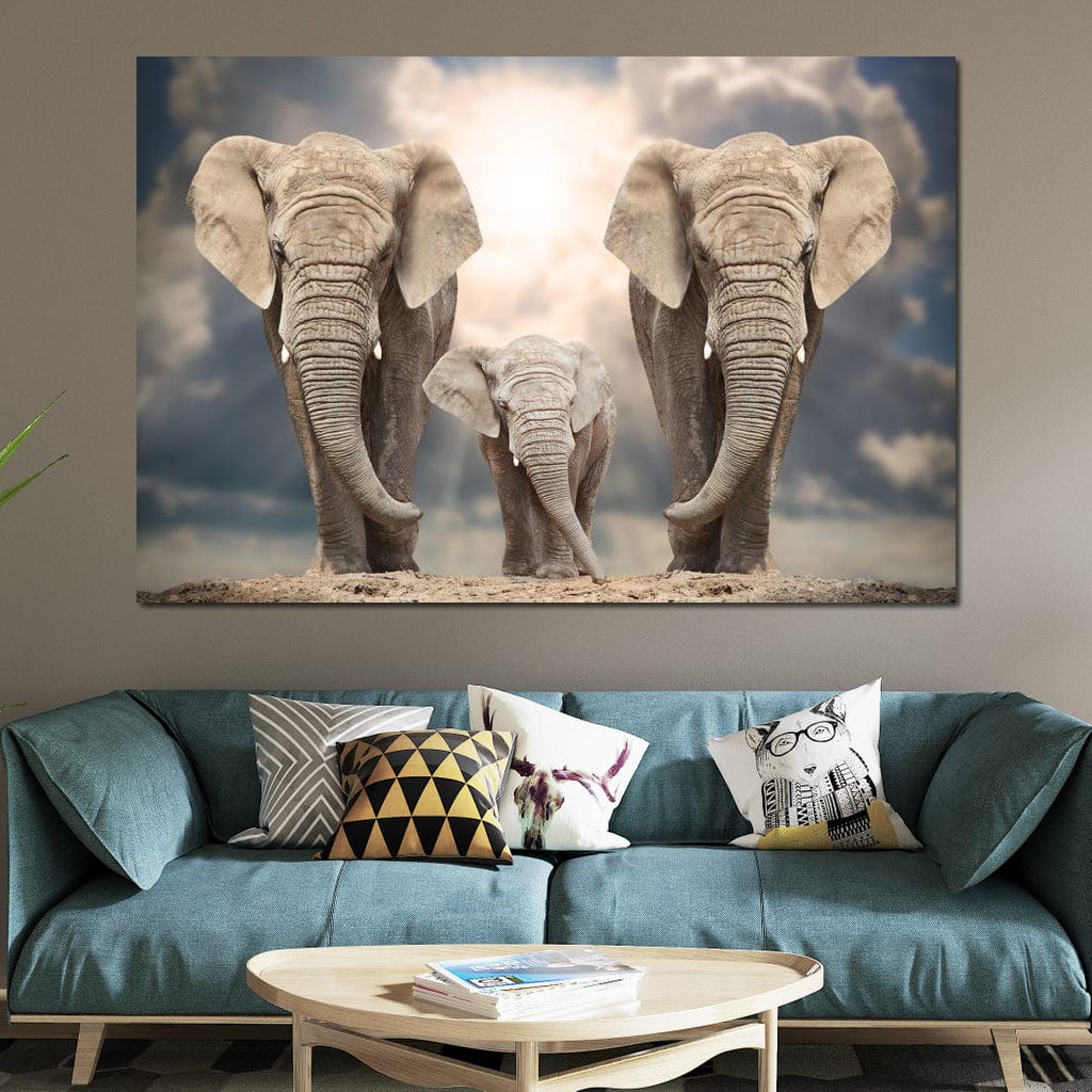 Elephant Family Under the Sun Canvas Wall Art