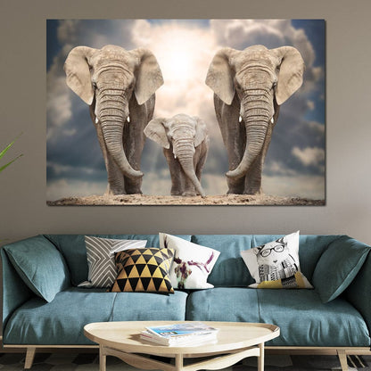 Elephant Family Under the Sun Canvas Wall Art