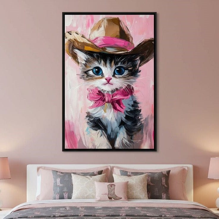 Cowboy Kitten Pink Bow Charm Canvas Wall Art